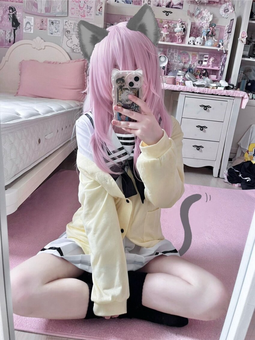 1girl, animal_ears, bed, bedroom, black_neckerchief, black_skirt, black_socks, black_tail