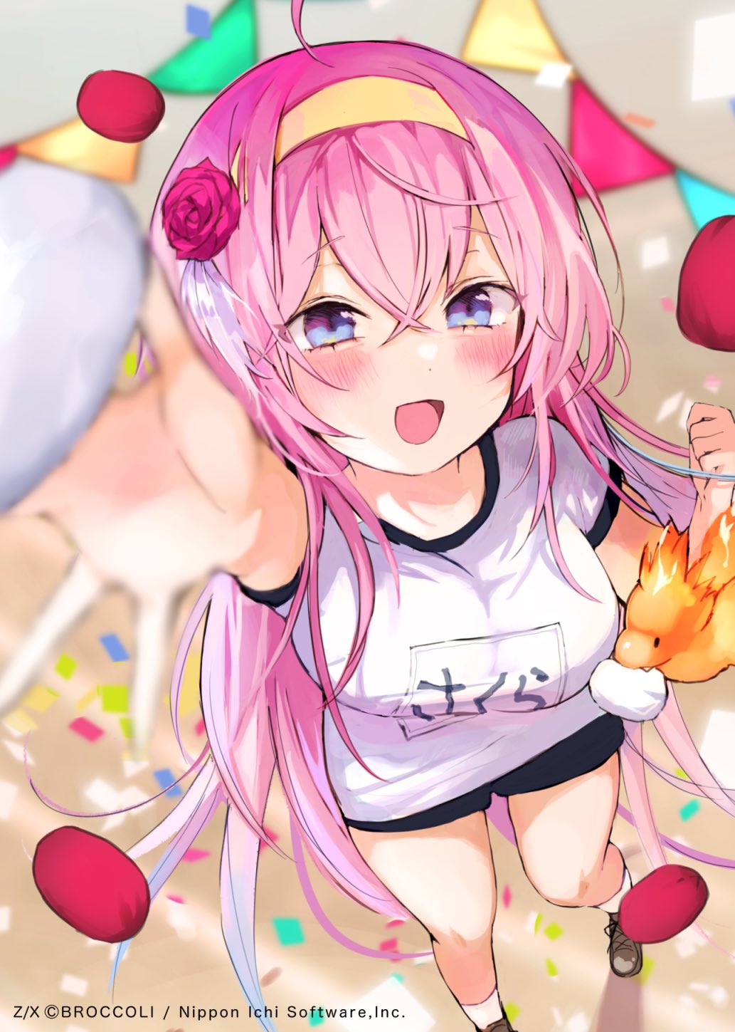 1girl, ahoge, ball_toss, black_shorts, blue_eyes, brown_shoes, buruma, confetti, flower, from_above, hair_between_eyes, hair_flower, hair_ornament, hairband, highres, kamiyugi_sakura, long_hair, monster, name_tag, official_art, open_mouth, pink_hair, shirt, shoes, short_shorts, shorts, socks, sports_festival, string_of_flags, white_shirt, white_socks, yellow_hairband, yukari_(rihenara_doll), z/x