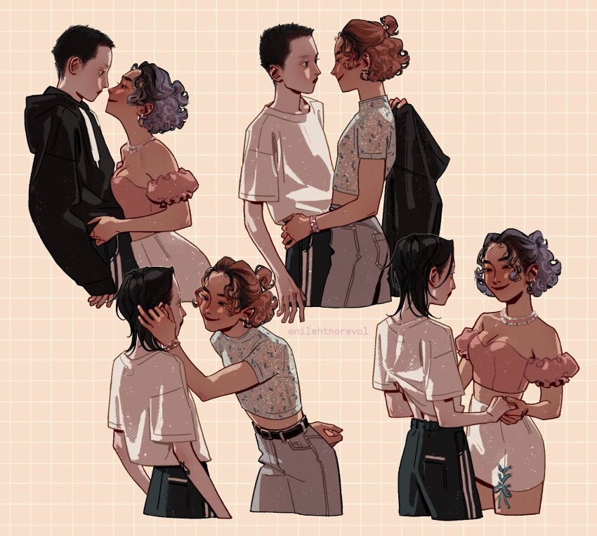 2girls, adjusting_hair, alternate_costume, alternate_design, alternate_hairstyle, arm_behind_back, arm_tattoo, artist_name