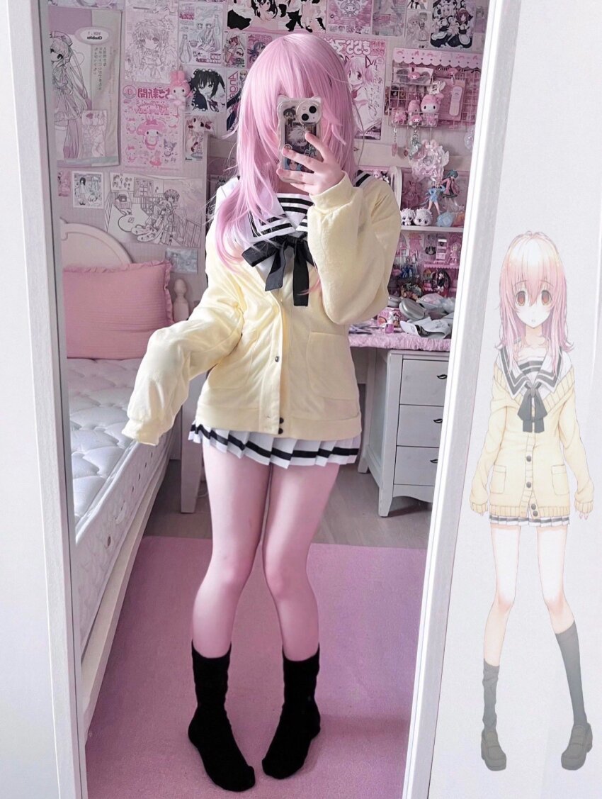 1girl, bed, bedroom, black_neckerchief, black_shoes, black_socks, blush, breasts, cellphone, collarbone, cosplay, cosplay_photo, dot_nose, female_focus, flat_chest, full_body, highres, holding, holding_phone, indoors, kimi_to_kanojo_to_kanojo_no_koi., legs, long_hair, long_sleeves, looking_at_viewer, mukou_aoi_(totono), neckerchief, open_mouth, orange_eyes, phone, photo_(medium), pillow, pink_hair, real_life, sailor_collar, school_uniform, serafuku, sexually_suggestive, shoes, sleeves_past_fingers, sleeves_past_wrists, small_breasts, smartphone, socks, solo, solo_focus, thighs, white_sailor_collar, white_serafuku