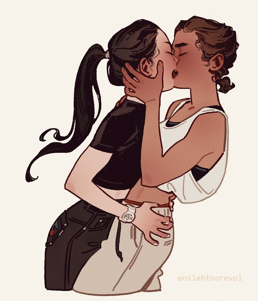 2girls, alternate_costume, alternate_design, alternate_hairstyle, artist_name, black_hair, black_pants, black_shirt, brown_hair, cherry_print, closed_eyes, cropped_legs, cropped_shirt, denim, enilehtnorevol, feng_xin, food_print, french_kiss, from_side, fruit_print, genderswap, genderswap_(mtf), hair_pulled_back, hands_on_another's_hips, hands_on_another's_neck, jeans, kiss, long_hair, low_twintails, male_underwear, male_underwear_peek, mole, mole_on_arm, mole_on_cheek, mole_on_forehead, mole_on_hip, mole_on_neck, mu_qing_(tianguan_cifu), multiple_girls, open_mouth, pants, ponytail, shirt, short_hair, short_sleeves, short_twintails, simple_background, sports_bra, sweatpants, tan, tank_top, thick_lips, tianguan_cifu, tight_clothes, tight_shirt, tongue, twintails, underwear, watch, white_background, white_nails, white_pants, white_tank_top, wristwatch, yuri