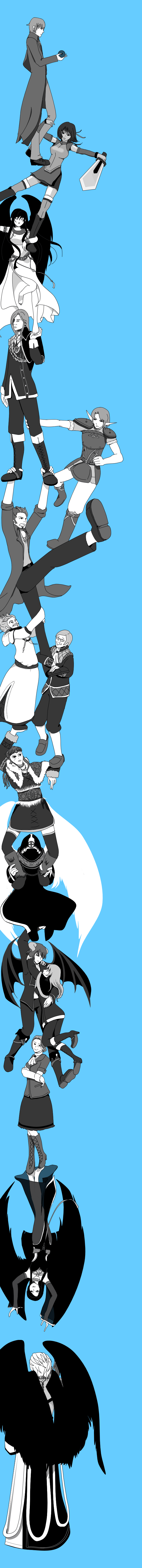 5girls, 6+boys, absurdres, andras, angel_wings, armor, arzhela, bad_id, bad_pixiv_id, barefoot, bat_wings, berched, black_wings, blue_theme, boots, buchanan_(mabinogi), cai_(mabinogi), cichol, closed_eyes, detached_sleeves, dress, durarara!!, elatha, elf, fallon_(mabinogi), granat, highres, hood, horns, hug, jenna_(mabinogi), karpfen, leymore, long_image, mabinogi, military, military_uniform, monochrome, morrighan, multiple_boys, multiple_girls, neamhain, nuadha, parody, pointy_ears, sword, tall_image, trust_me_(durarara!!), weapon, wings, ymiria