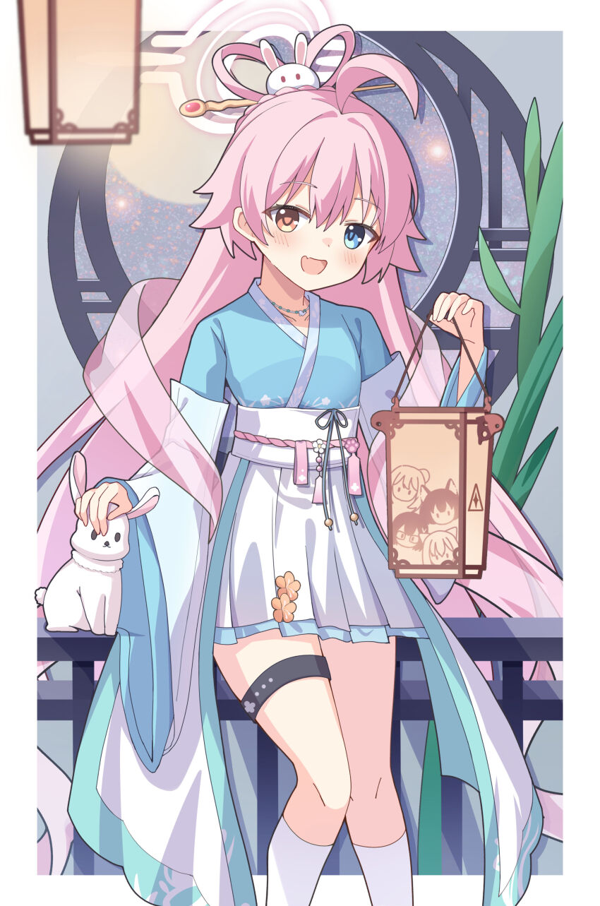 1girl, :d, absurdres, ahoge, blue_archive, blue_eyes, blush, chinese_clothes, feet_out_of_frame, feixianji_(hairstyle), full_moon, hagoromo, hair_between_eyes, hair_ornament, hair_rings, hair_stick, halo, hanfu, heterochromia, highres, holding, holding_lantern, hoshino_(blue_archive), hoshino_(mid-autumn_festival)_(blue_archive), japanese_clothes, jewelry, kimono, kk0220, kneehighs, lantern, leg_ribbon, long_hair, long_sleeves, looking_at_viewer, moon, necklace, official_alternate_costume, official_alternate_hairstyle, open_mouth, pink_hair, pleated_skirt, rabbit, ribbon, sash, shawl, skirt, smile, socks, solo, thigh_strap, very_long_hair, white_skirt, white_socks, wide_sleeves, yellow_eyes