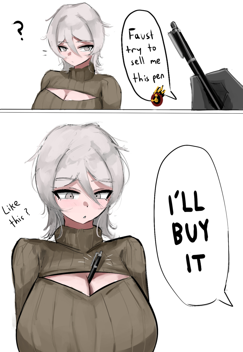 breasts, brown_sweater, character_name, cleavage, cleavage_cutout, clothing_cutout, dante_(limbus_company), doubleuww1