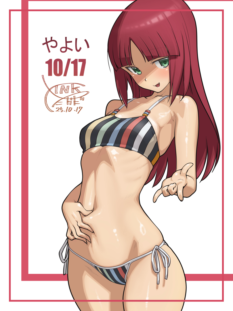 1girl, alice_gear_aegis, bikini, black_bikini, blunt_bangs, breasts, character_name, cowboy_shot