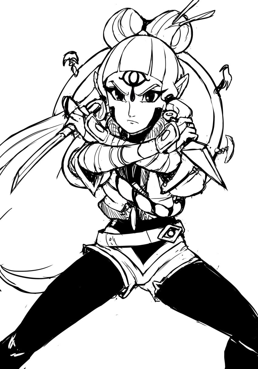 1girl, armwrap, facial_tattoo, hair_bun, hair_ornament, hair_rings, highres, hyrule_warriors:_age_of_calamity, impa, kunai, leggings, leggings_under_shorts, monochrome, ninja, ninjatou, nintendo, pointy_ears, sheikah, short_shorts, short_sword, shorts, sketch, sword, tattoo, teevo, the_legend_of_zelda, the_legend_of_zelda:_breath_of_the_wild, weapon
