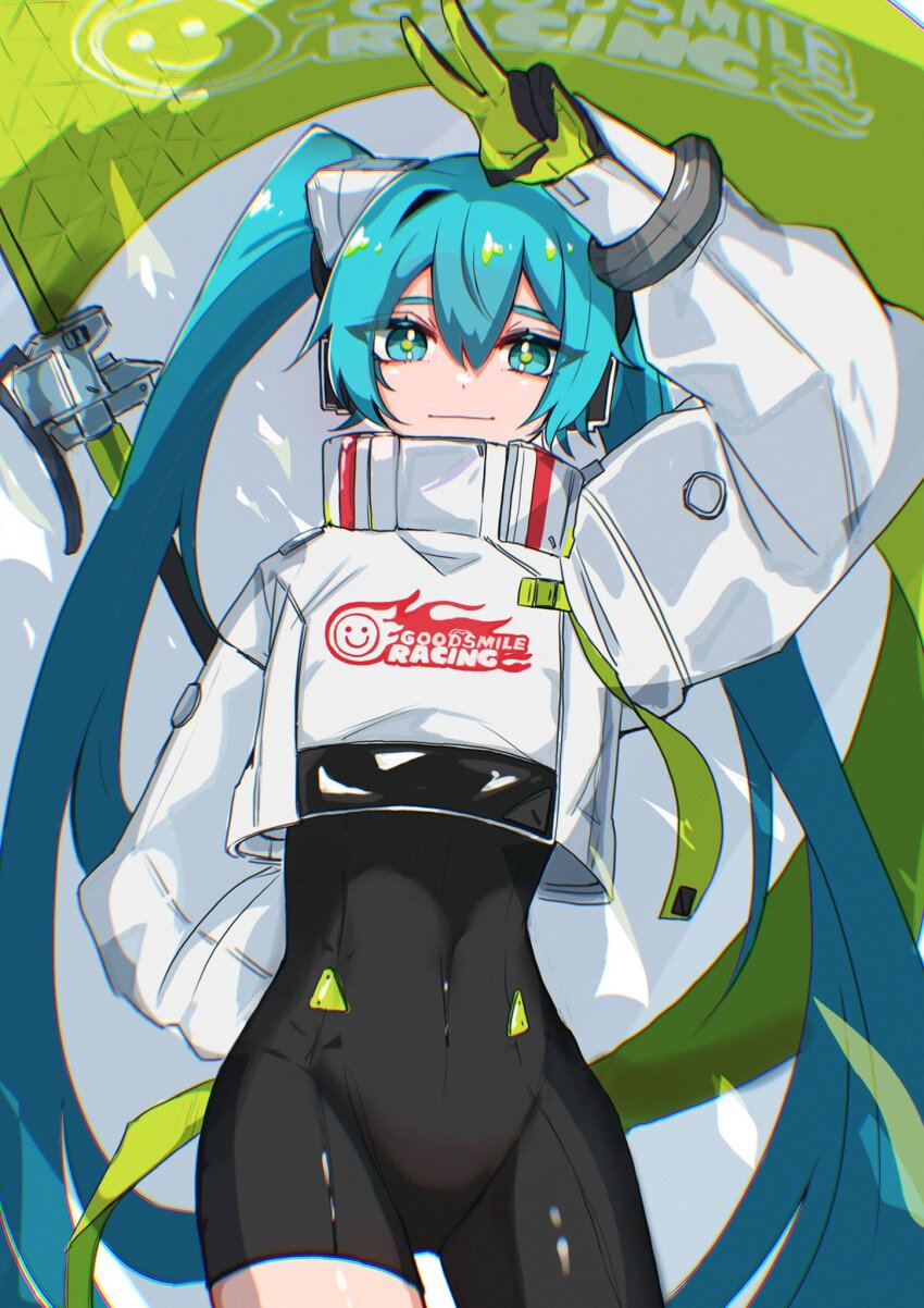 1girl, aqua_eyes, aqua_hair, arm_behind_back, asymmetrical_legwear, black_bodysuit, black_gloves, bodysuit