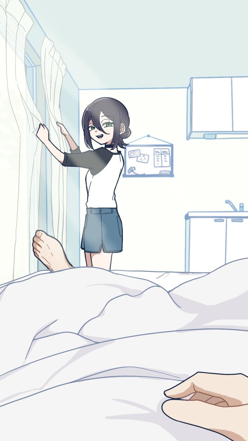 1boy, 1girl, barefoot, black_choker, black_hair, black_sleeves, blush, breasts