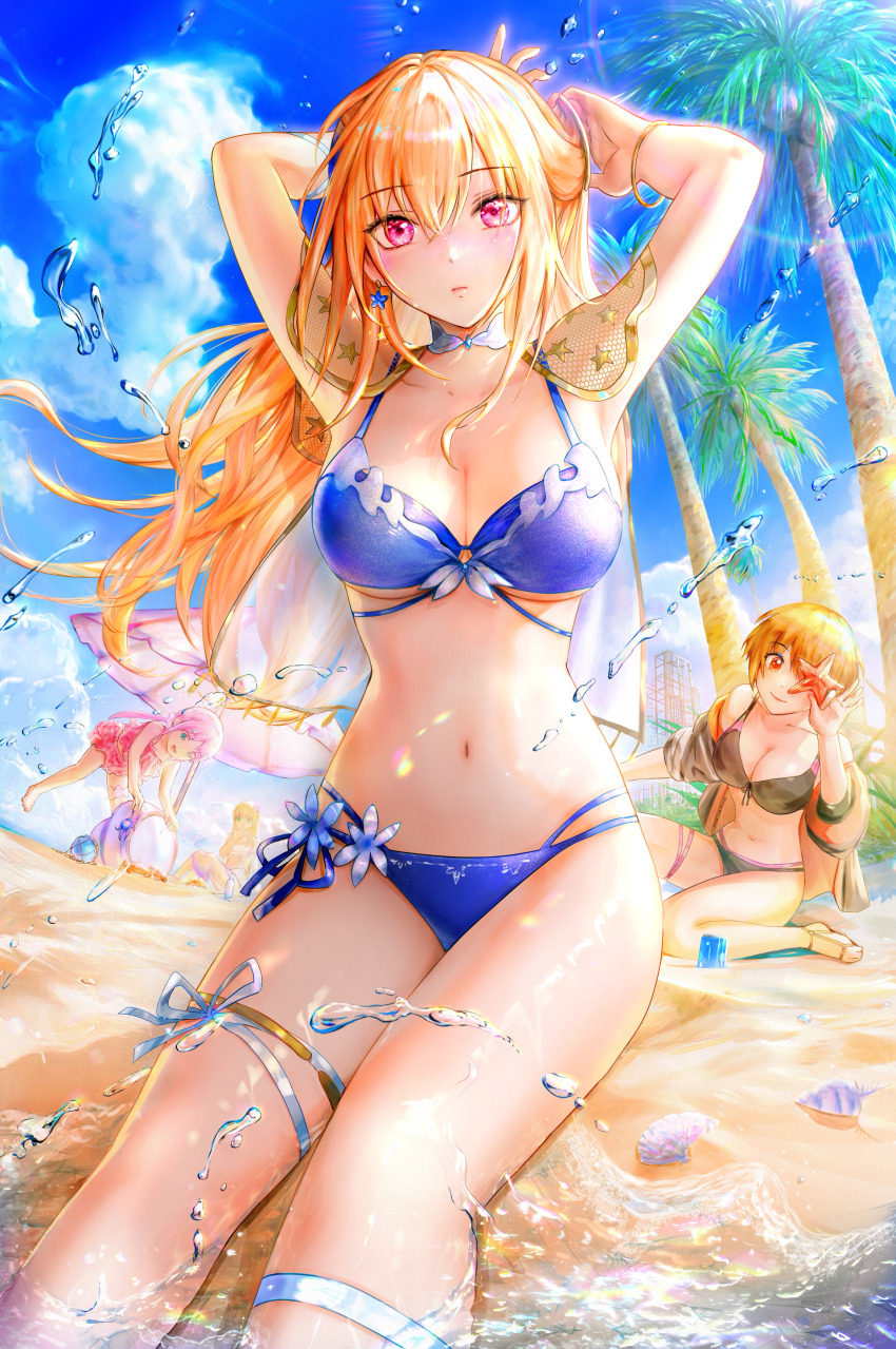 4girls, absurdres, adjusting_hair, armpits, arms_behind_head, arms_up, ass, ball