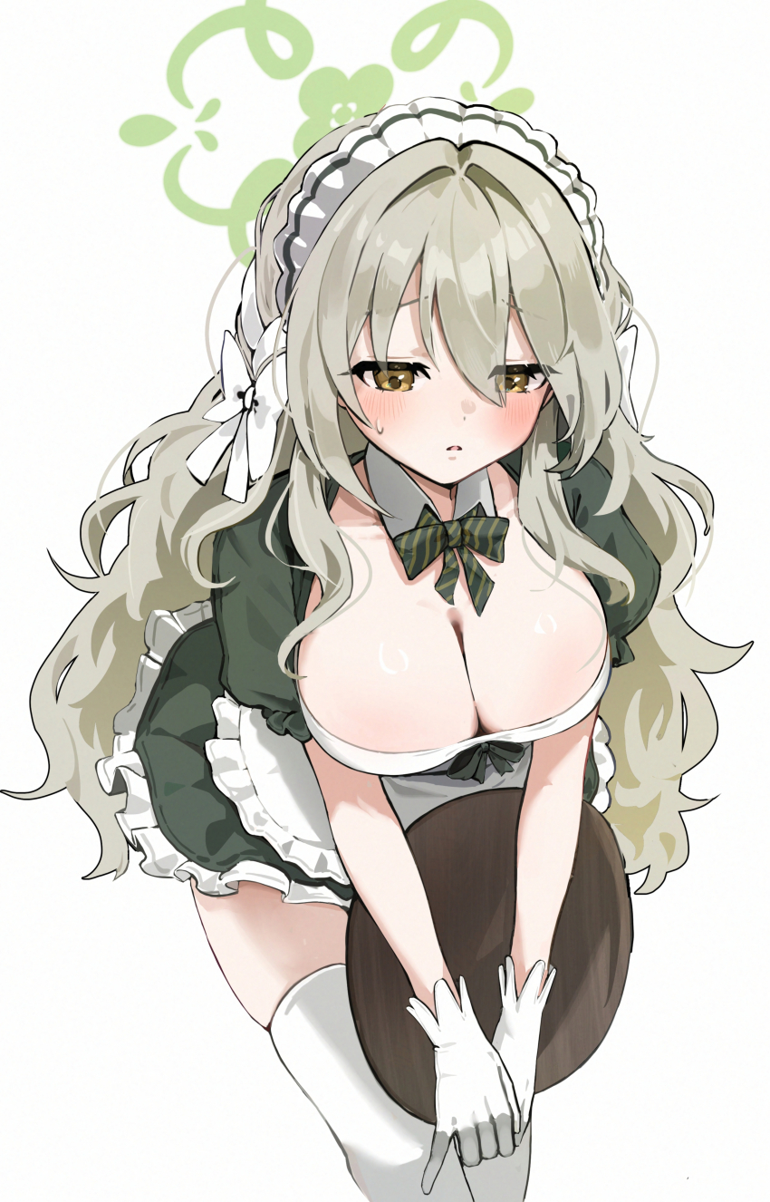 1girl, absurdres, alternate_costume, apron, blue_archive, bow, bowtie, breasts