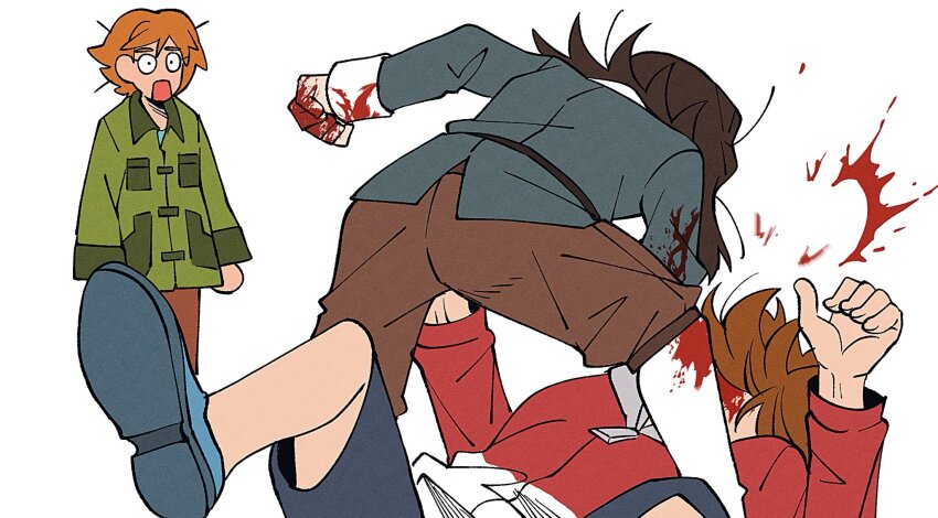 1girl, 2boys, abaddon_(haunted_hotel), abaddon_(human)_(haunted_hotel), attack, ben_freeling, bleeding, blood