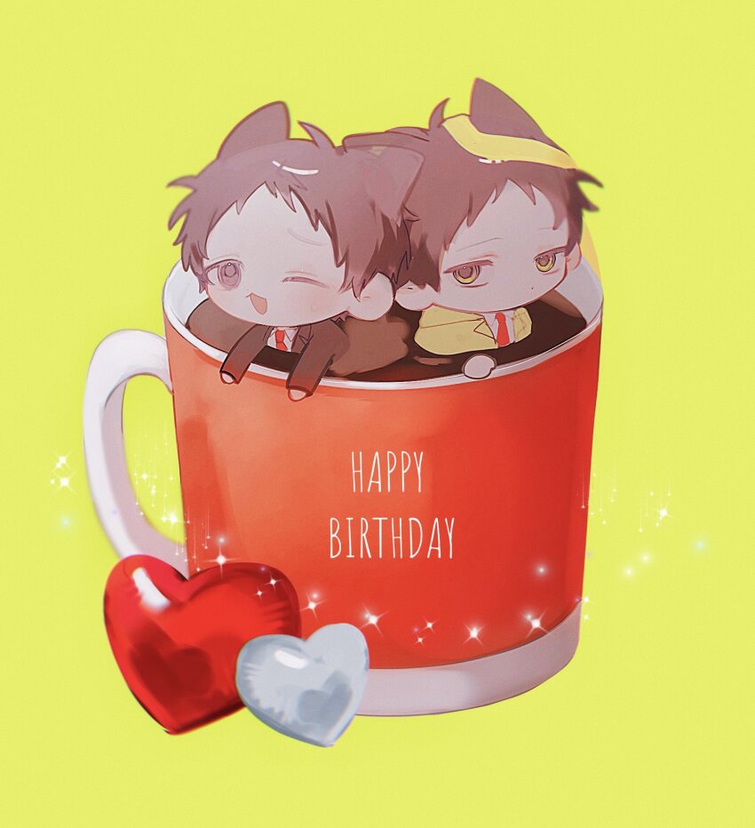 2boys, adachi_tooru, animal_ears, black_jacket, brown_hair, cat_boy, cat_ears, chibi