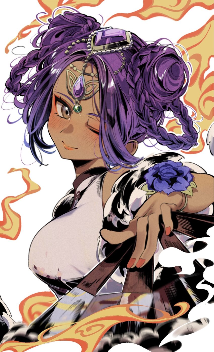 1girl, blush, bracelet, braid, breasts, bun_with_braided_base, china_dress, chinese_clothes, dark-skinned_female, dark_skin, double_bun, dragon_quest, dragon_quest_iv, dragon_quest_tact, dress, eyeliner, fingernails, fire, flower, flower_bracelet, folding_fan, forehead_jewel, gem, glint, green_gem, hair_bun, hand_fan, hand_up, headpiece, highres, holding, holding_fan, jewelry, large_breasts, lipstick, looking_at_viewer, magic, makeup, mamesan_2024, manya_(dq4), manya_(phantom_dancer)_(dq4), nail_polish, official_alternate_costume, official_alternate_hairstyle, one_eye_closed, orange_eyeliner, orange_lips, orange_nails, purple_flower, purple_gem, pyrokinesis, short_hair, smoke, solo
