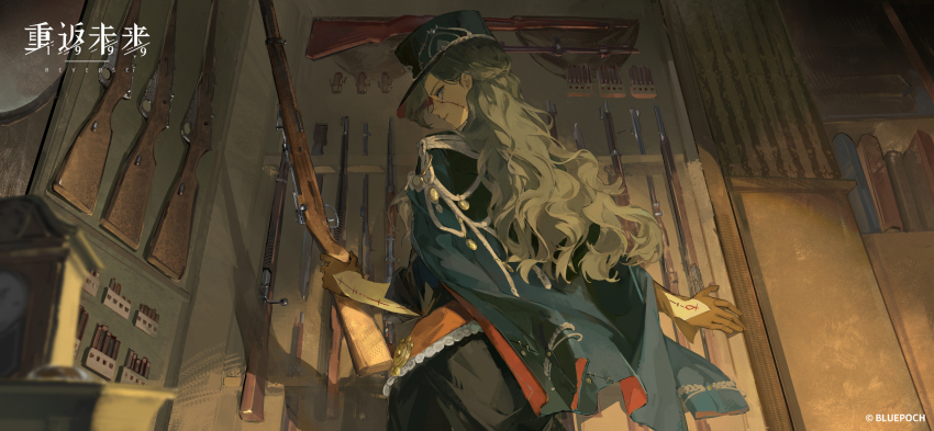 1girl, armory, black_coat, black_dress, black_gloves, black_hat, brown_hair, coat