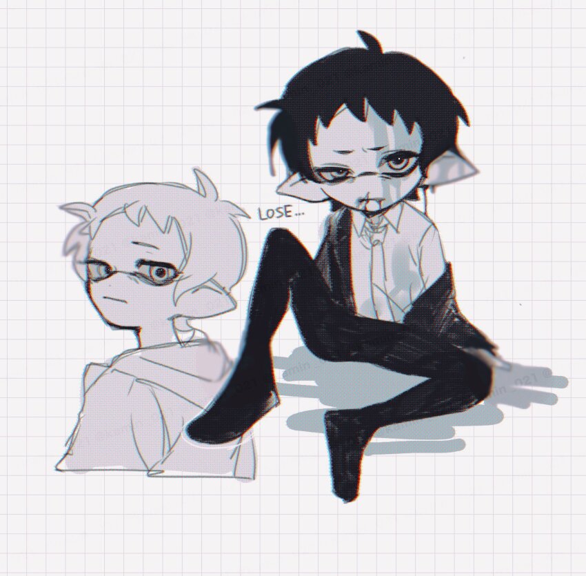 1boy, adachi_tooru, alternate_species, chromatic_aberration, closed_mouth, collared_shirt, commentary_request, english_text