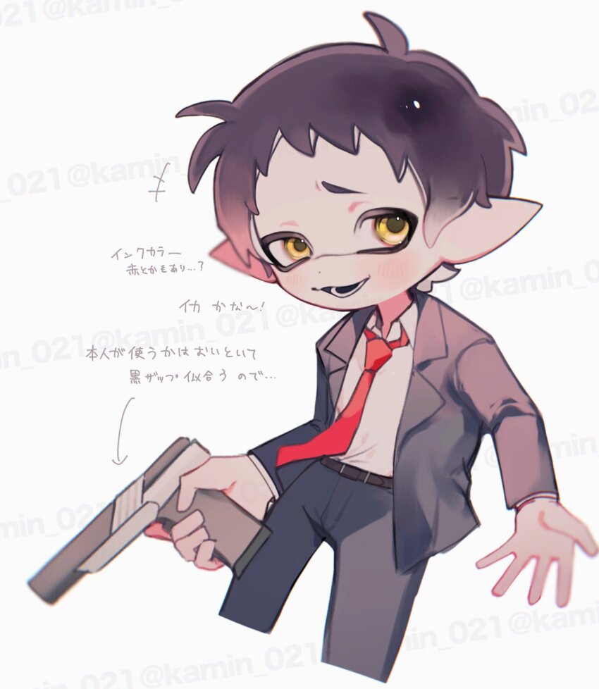 1boy, adachi_tooru, alternate_species, black_jacket, black_pants, brown_hair, collared_shirt, commentary_request