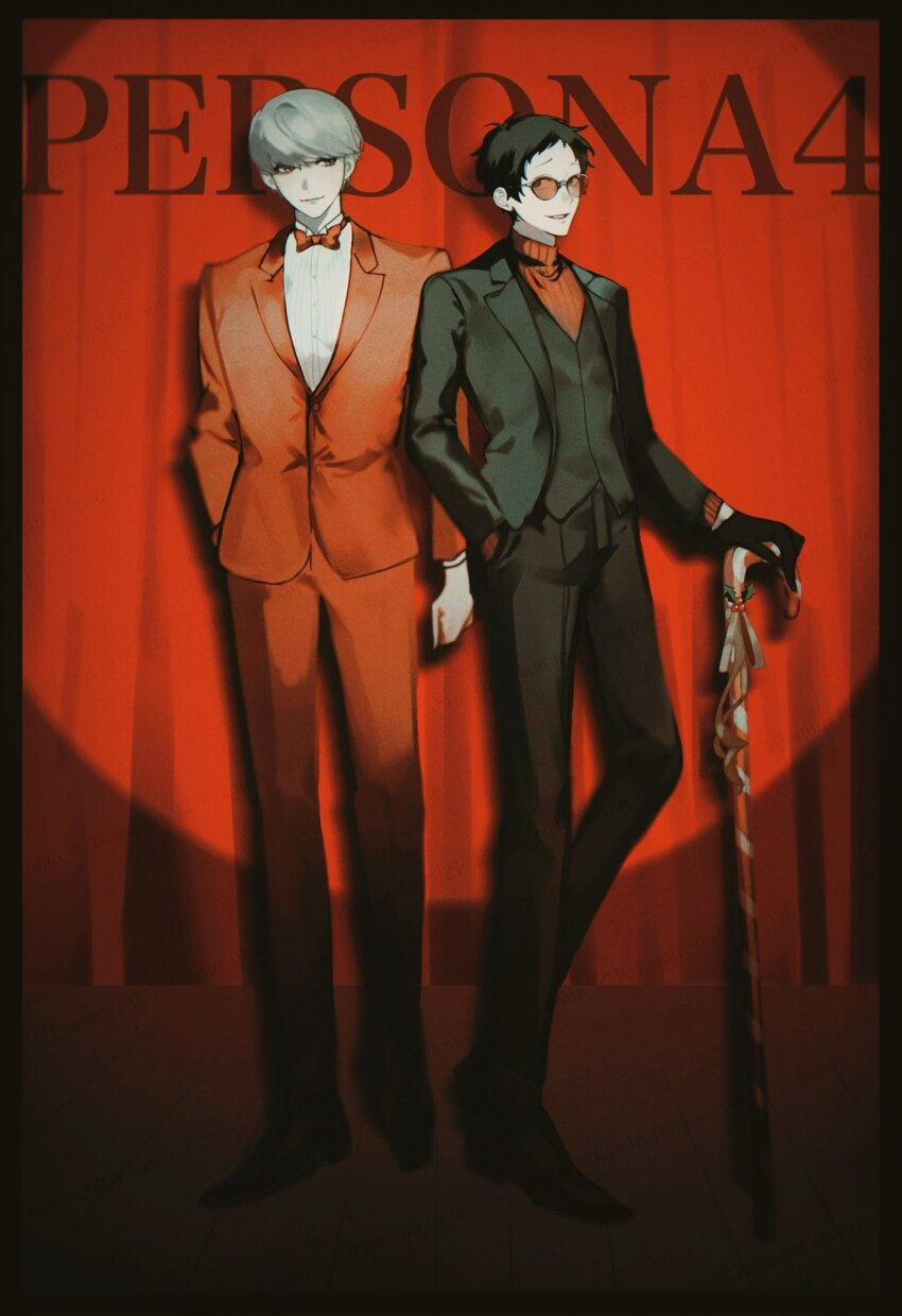 2boys, adachi_tooru, black_gloves, black_hair, black_jacket, black_pants, black_vest, bow