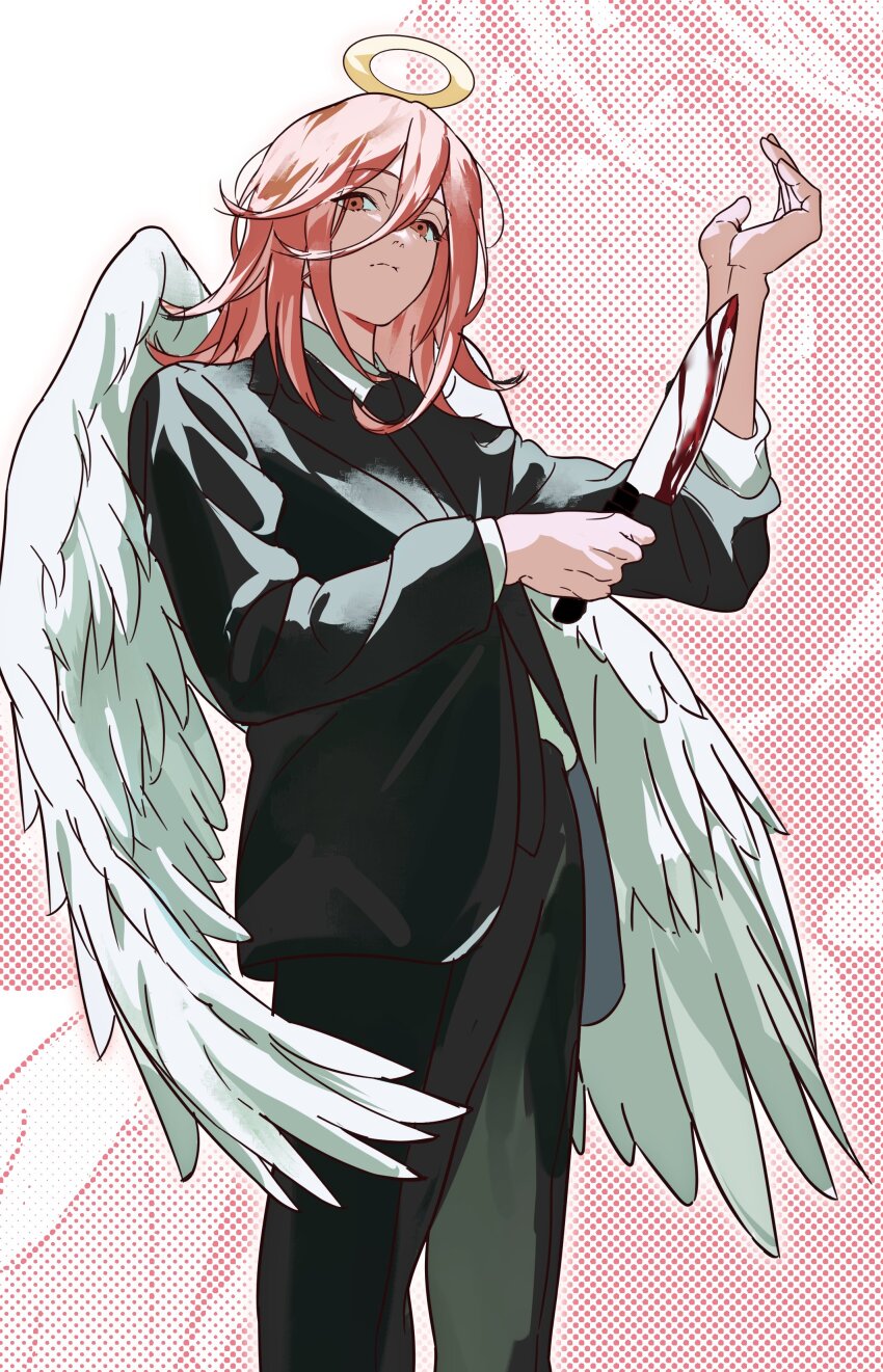 1boy, absurdres, androgynous, angel_devil_(chainsaw_man), angel_wings, black_jacket, black_necktie, black_pants, black_suit, blood, bloody_knife, brown_eyes, brown_hair, chainsaw_man, closed_mouth, collared_shirt, cowboy_shot, feathered_wings, formal_clothes, hair_between_eyes, halo, hand_up, highres, holding, holding_knife, jacket, jeongbae22, knife, long_hair, looking_at_viewer, male_focus, necktie, pants, shirt, sleeves_rolled_up, solo, suit, suit_jacket, white_shirt, white_wings, wings
