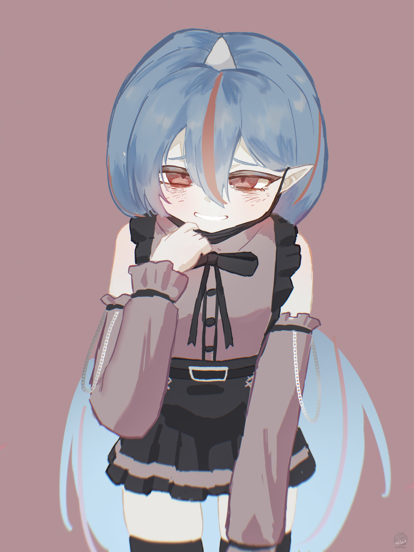 1girl, absurdres, alternate_costume, bare_shoulders, belt, black_ribbon, black_skirt, blue_hair