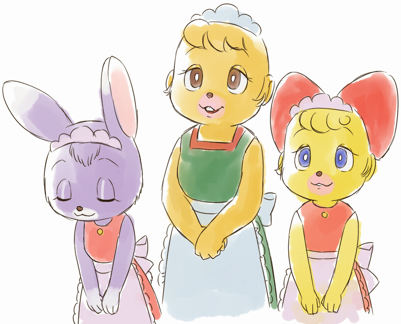 1boy, 2girls, :3, animal, animal_hands, apron, beaver, beaver_boy, beaver_girl, blonde_hair, blue_eyes, bow, bowing, brown_eyes, buck_teeth, closed_eyes, crossdressing, don_chuck, don_chuck_monogatari, dress, furry, green_dress, hair_bow, lara_(don_chuck), maid, maid_apron, maid_headdress, mimi_(don_chuck), multiple_girls, open_mouth, orange_fur, orange_hair, purple_fur, purple_hair, rabbit, rabbit_ears, rabbit_girl, red_bow, red_dress, short_hair, sleeveless, sleeveless_dress, standing, teeth, white_apron, white_background, yamanokonza, yellow_fur