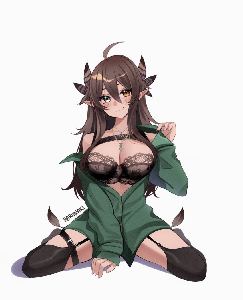 1girl, ahoge, black_bra, black_thighhighs, bra, breasts, brown_eyes, brown_hair