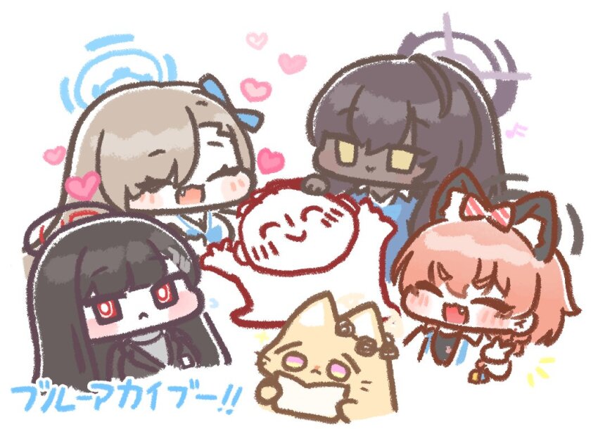 1boy, 5girls, animal_ears, asuna_(blue_archive), black_hair, blonde_hair, blue_archive, cat