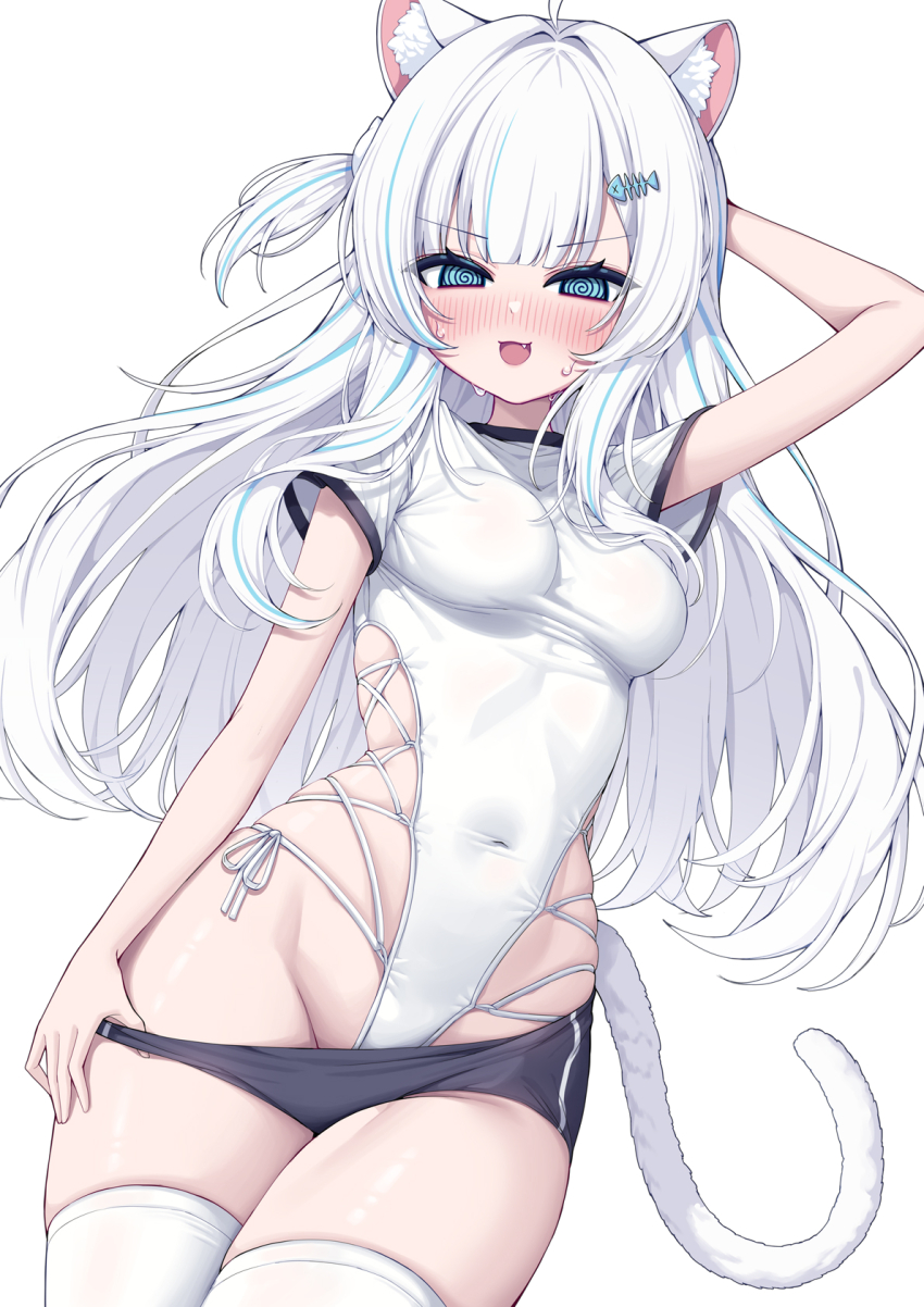 @_@, animal_ear_fluff, animal_ears, aqua_eyes, aqua_hair, arm_behind_head, black_shorts, blush, breasts, clothes_pull, covered_navel, cowboy_shot, hair_ornament, highres, indie_virtual_youtuber, large_breasts, long_hair, metaljelly, multicolored_hair, nachu_(vtuber), one-piece_swimsuit, open_mouth, short_sleeves, shorts, shorts_pull, sidelocks, simple_background, streaked_hair, sweatdrop, swimsuit, tail, thighhighs, thighs, virtual_youtuber, white_background, white_hair, white_one-piece_swimsuit, white_thighhighs