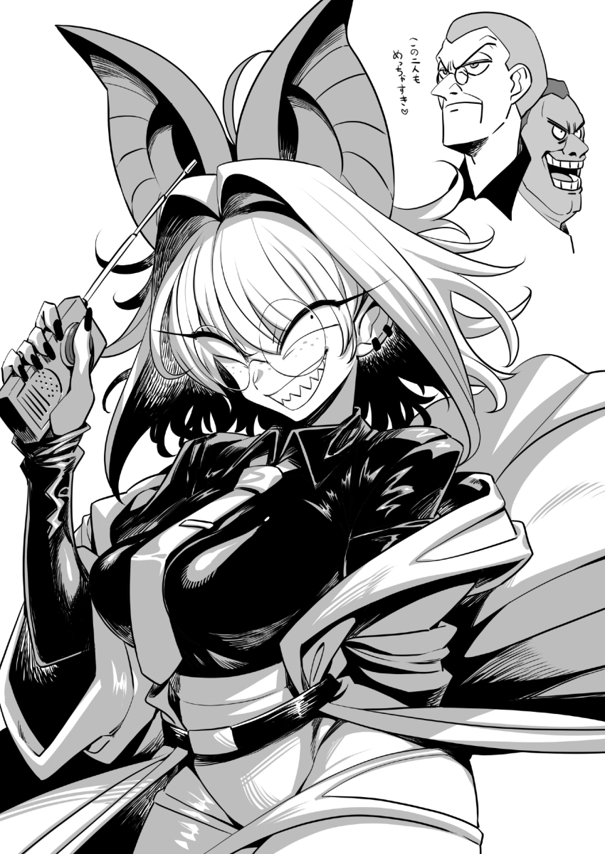 1girl, 2boys, animal_ears, bat_ears, borrowed_character, breasts, ear_piercing, earrings