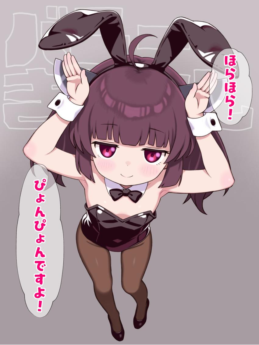1girl, animal_ears, armpits, arms_up, black_bow, black_bowtie, black_leotard, black_shoes, blunt_bangs, bow, bowtie, brown_pantyhose, closed_mouth, detached_collar, fake_animal_ears, from_above, full_body, headgear, high_heels, highres, jitome, knife_hair_ornament, leotard, loli, looking_at_viewer, nattocurryumeee, pantyhose, playboy_bunny, pumps, shoes, smile, solo, strapless, strapless_leotard, touhoku_kiritan, translation_request, voiceroid, wrist_cuffs