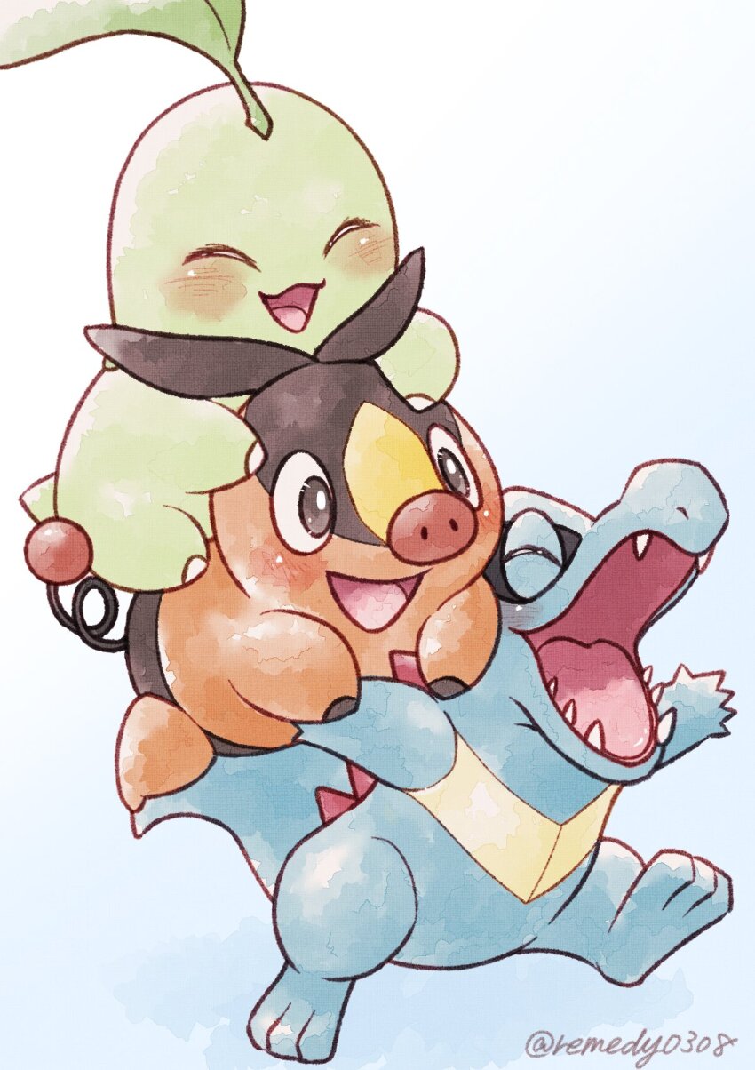 blue_skin, blush, carrying, chikorita, closed_eyes, colored_skin, commentary_request, fangs