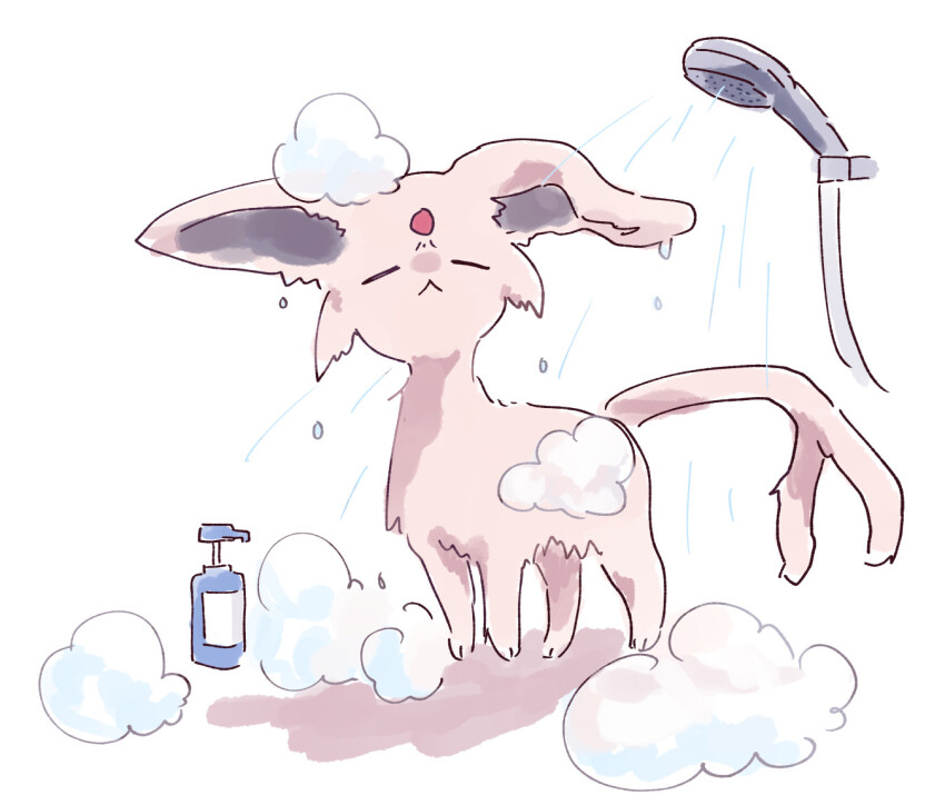 all_fours, animal_ears, bathing, closed_eyes, closed_mouth, commentary, espeon, forehead_jewel