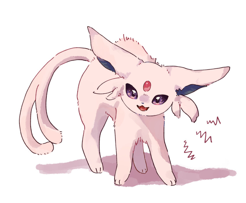 all_fours, animal_ears, commentary_request, espeon, fangs, forehead_jewel, forked_tail, full_body
