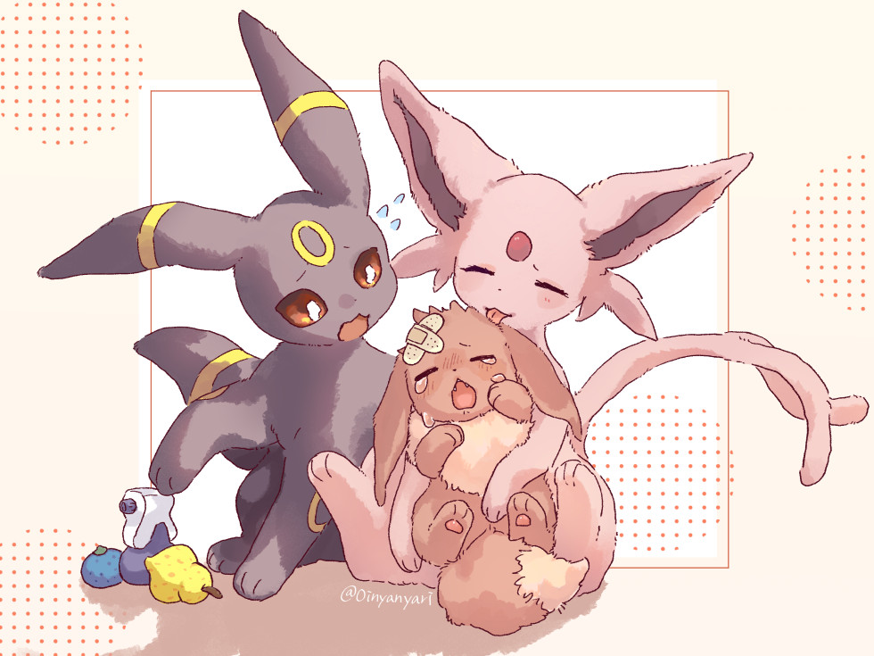 bandaid, bandaid_on_head, berry_(pokemon), black_fur, blush, brown_fur, closed_eyes, commentary_request