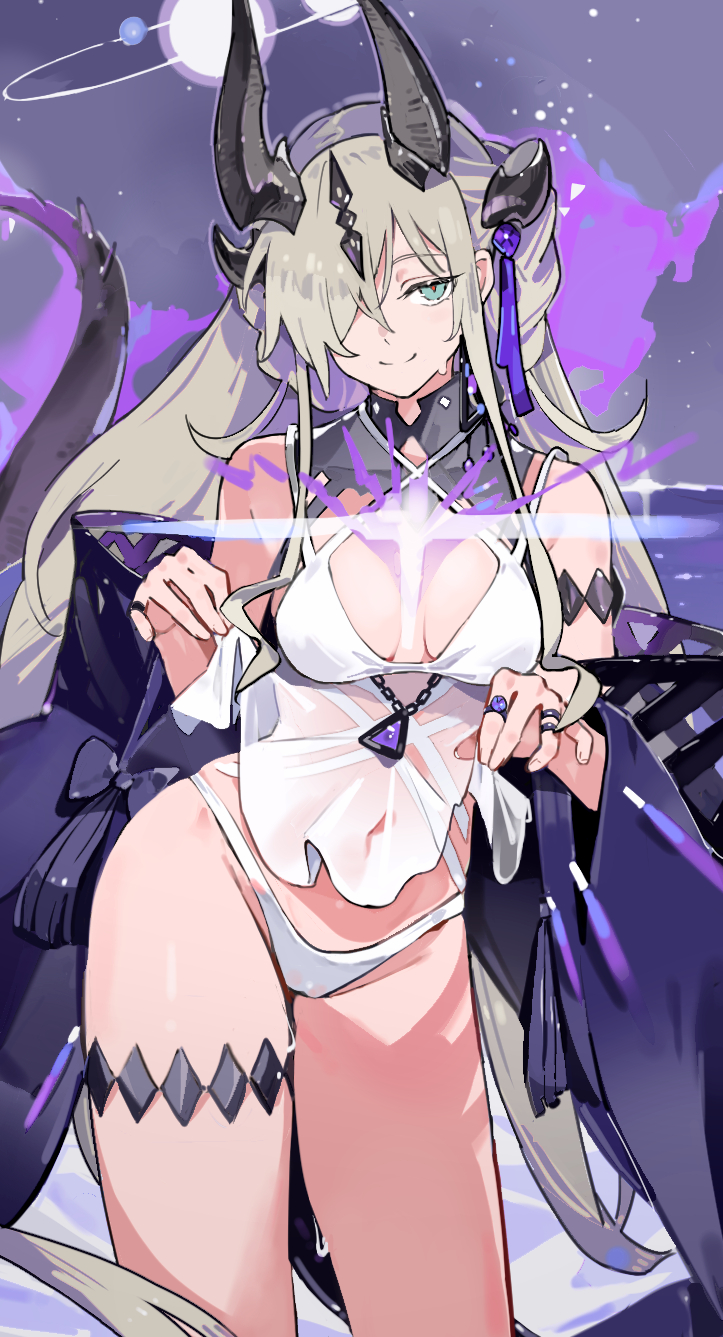 1girl, arknights, bare_shoulders, blue_eyes, breasts, chongchongbao_mushi, cleavage, closed_mouth