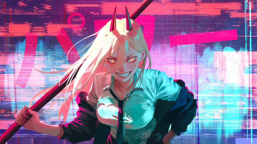 1girl, abstract_background, black_jacket, black_necktie, blonde_hair, breasts, chainsaw_man, cleavage