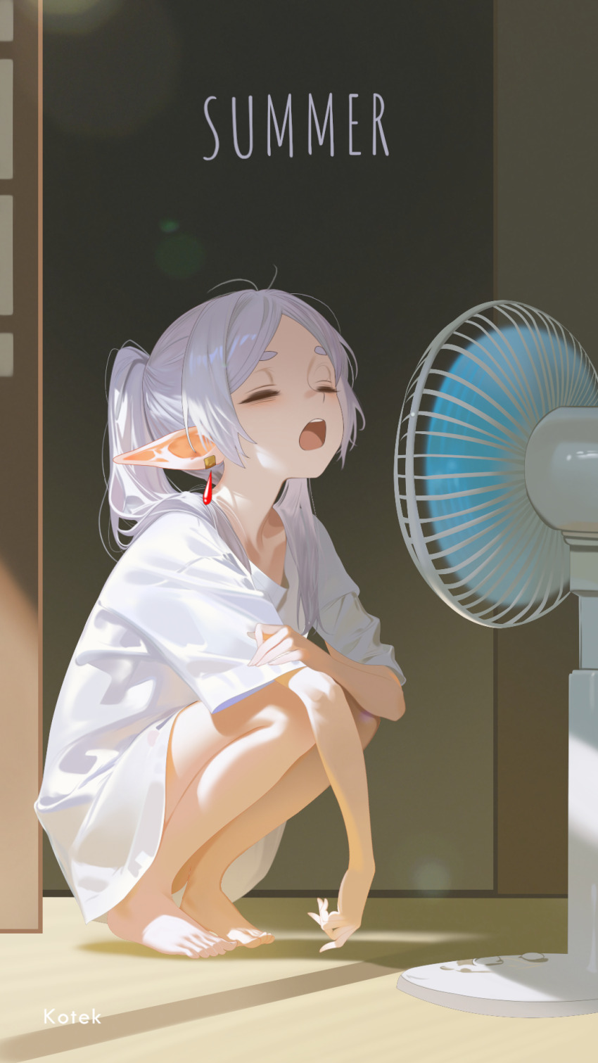 1girl, artist_name, barefoot, closed_eyes, commentary, contemporary, earrings, electric_fan, elf, english_text, fanning_self, floating_earrings, frieren, full_body, grey_hair, hand_on_own_arm, highres, indoors, jewelry, kuro_kotek, long_hair, long_shirt, open_mouth, pointy_ears, shirt, short_sleeves, solo, sousou_no_frieren, squatting, summer, t-shirt, teardrop_earrings, twintails, white_shirt, yawning