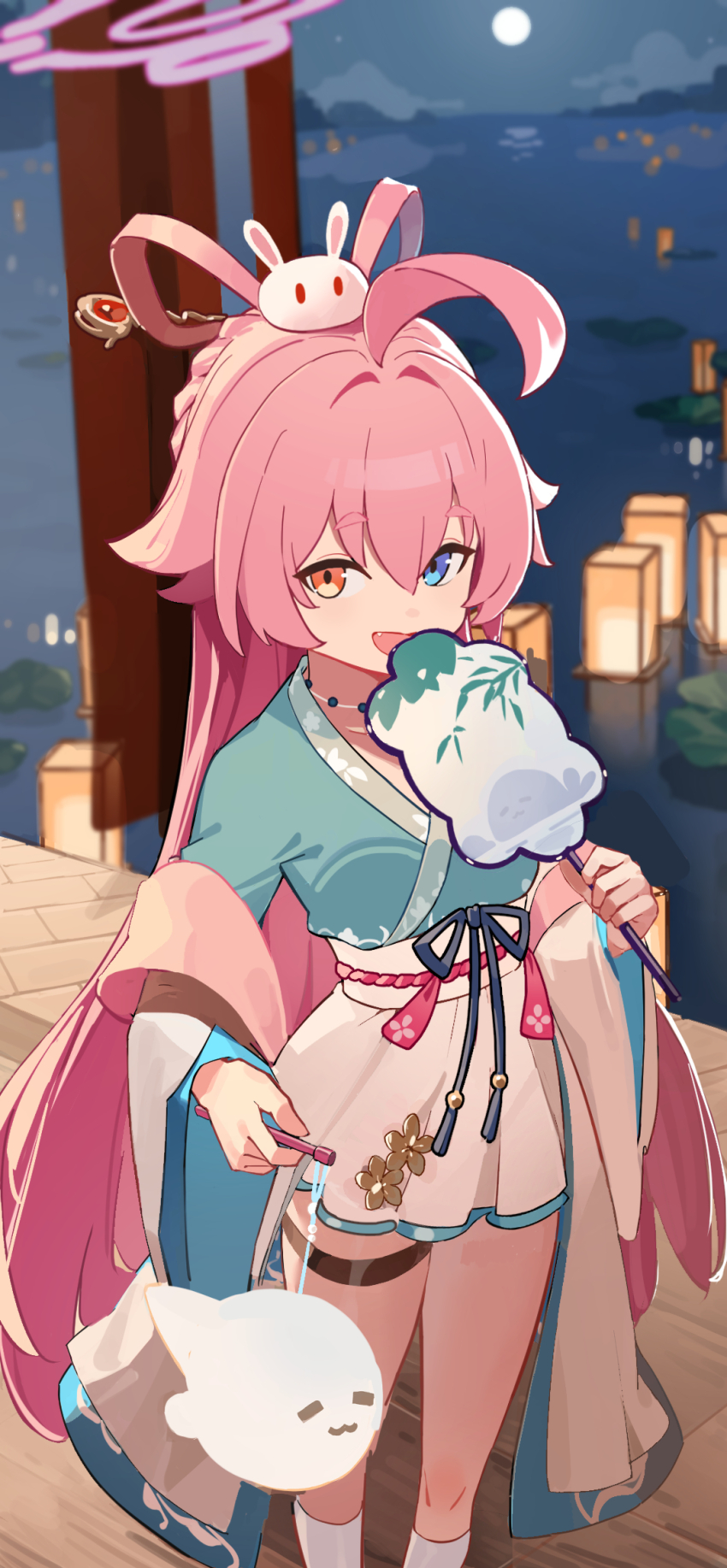 1girl, ahoge, bag, blue_archive, blue_eyes, chinese_clothes, chongchongbao_mushi, cotton_candy