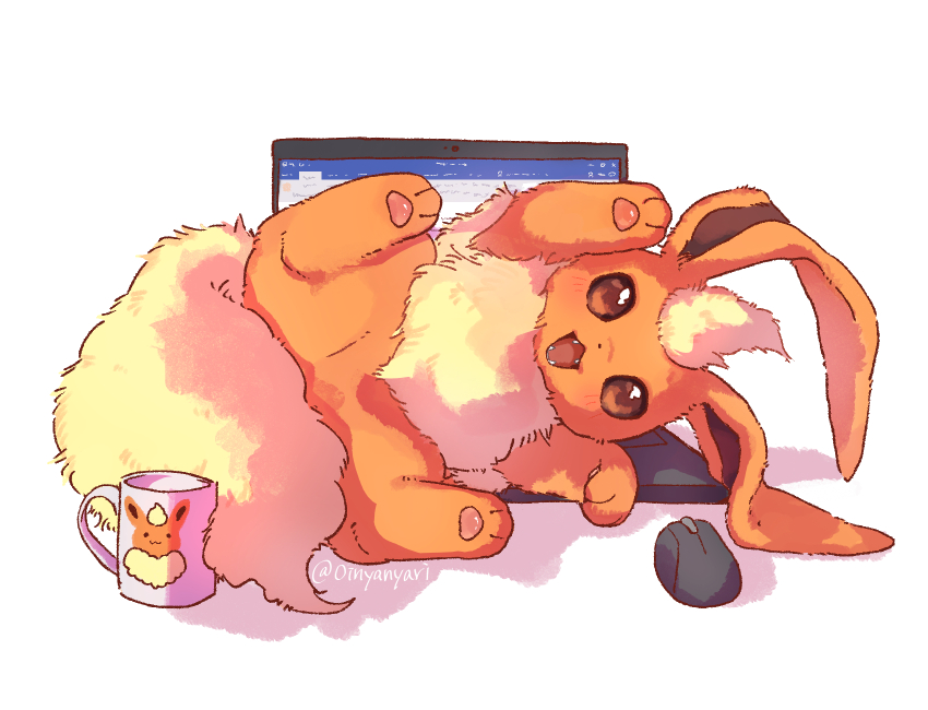 :3, animal_ears, brown_eyes, commentary_request, computer, computer_mouse, cup, fangs