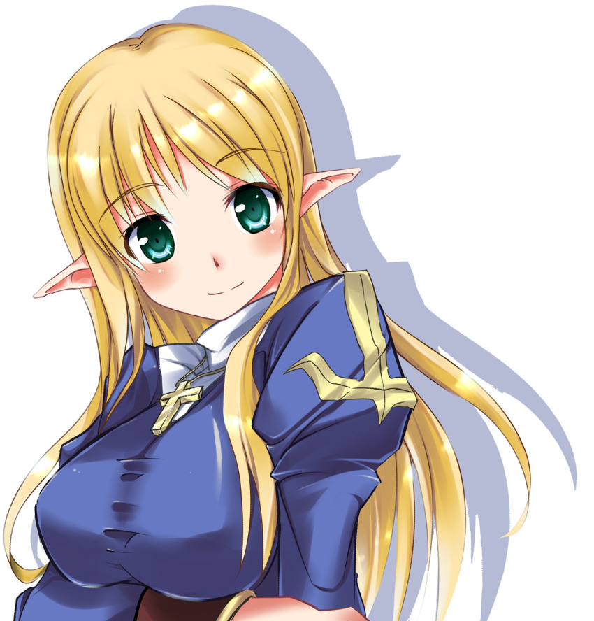 1girl, arm_under_breasts, blonde_hair, blue_dress, blush, breasts, closed_mouth, cross