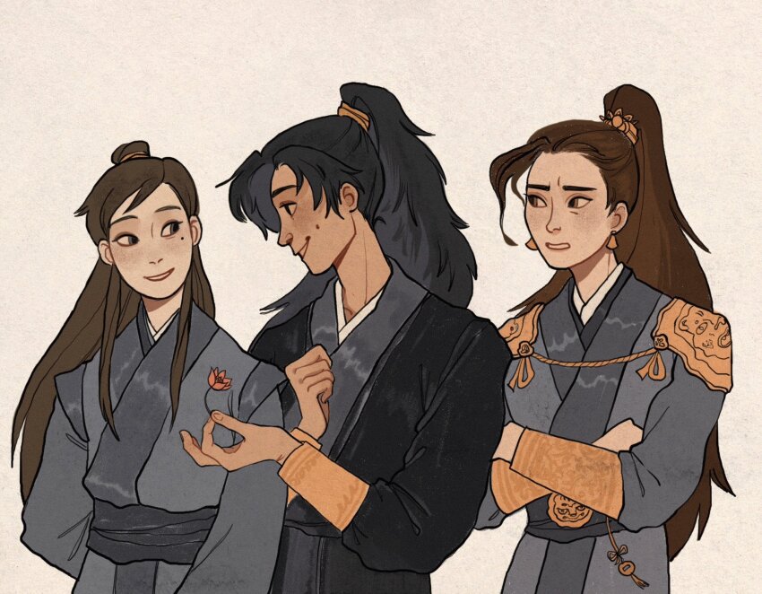 3boys, armor, belt, black_hair, black_hanfu, blue_hanfu, bracer, brown_eyes, brown_hair, chinese_clothes, commentary, crossed_arms, dark-skinned_male, dark_skin, dimple, english_commentary, erha_he_ta_de_bai_mao_shizun, eye_contact, flower, grey_eyes, hanfu, high_ponytail, highres, long_hair, looking_at_another, male_focus, mo_ran, mole, mole_under_eye, multiple_boys, ponytail, red_flower, shi_mei, shoulder_armor, smile, tassel, white_background, xiao_guan_(headdress), xue_meng, yaoi, yaroslava_murashko