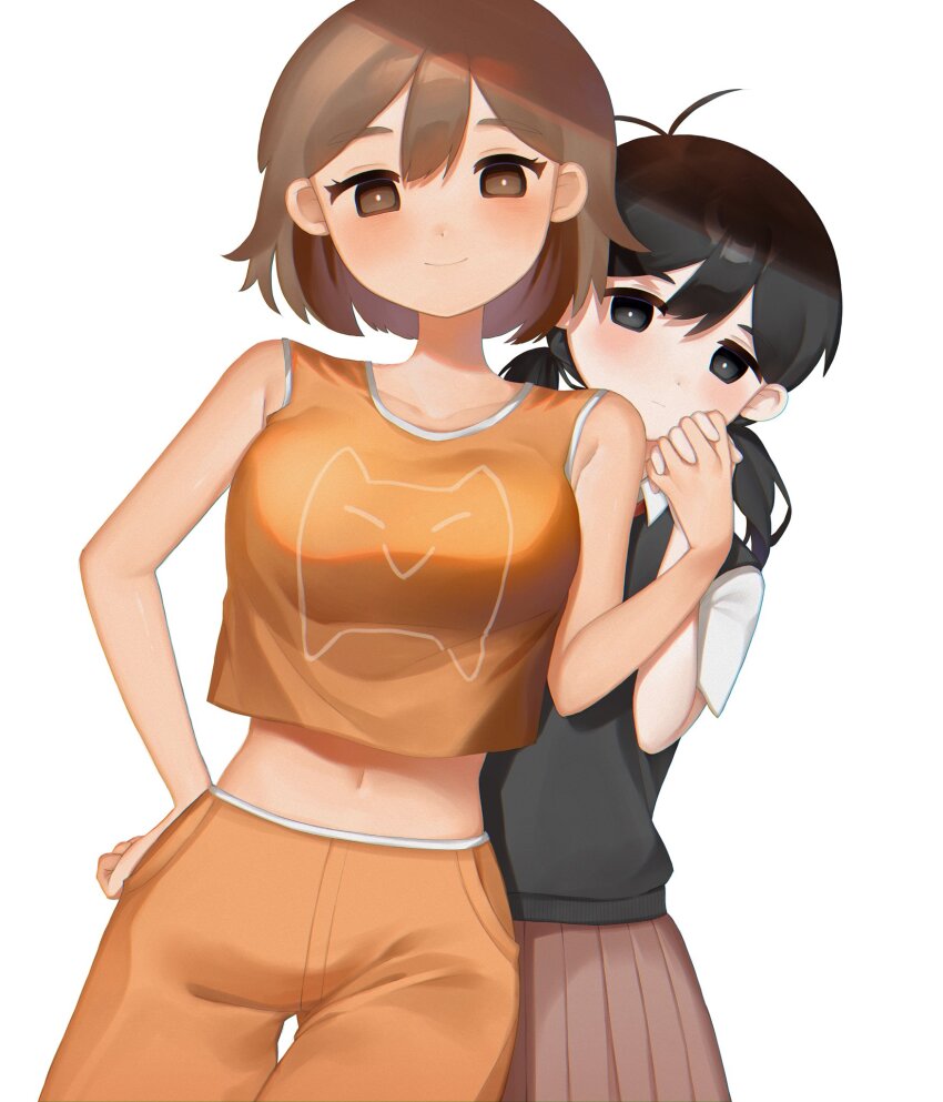 2girls, alternate_eye_color, black_eyes, black_hair, black_sweater_vest, blush, breasts, brown_eyes