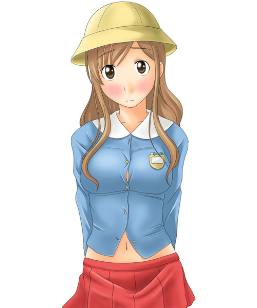 00s, 1girl, arms_behind_back, blush, breasts, brown_eyes, brown_hair, female_focus, hat, kindergarten, kindergarten_uniform, large_breasts, long_hair, looking_at_viewer, maria-sama_ga_miteru, maria_sama, midriff, name_tag, navel, pleated_skirt, school_hat, shirt, skirt, solo, taut_clothes, taut_shirt, toshifumi, toudou_shimako, undersized_clothes