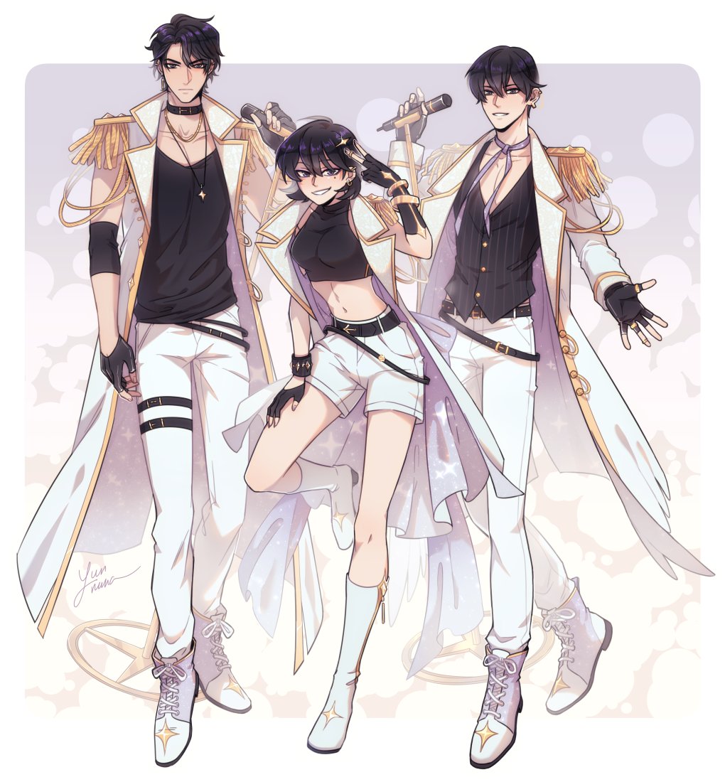 1girl, 2boys, :d, abstract_background, belt, black_eyes, black_gloves, black_hair, black_shirt, boots, border, coat, collar, contrapposto, crop_top, elbow_pads, epaulettes, fingerless_gloves, ginsan, gloves, gold_trim, halterneck, han_sooyoung, holding, holding_microphone, idol, kim_dokja, looking_at_viewer, matching_outfits, microphone, microphone_stand, multiple_boys, neck_ribbon, omniscient_reader's_viewpoint, open_clothes, open_coat, open_mouth, outside_border, outstretched_hand, pectoral_cleavage, pectorals, ribbon, shirt, short_hair, shorts, smile, standing, standing_on_one_leg, star_pendant, v, white_boots, white_border, white_coat, white_shorts, yoo_joonghyuk