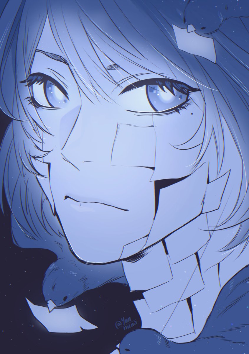 1girl, aegyo_sal, bird, blue_eyes, blue_theme, bob_cut, close-up, cracked_skin