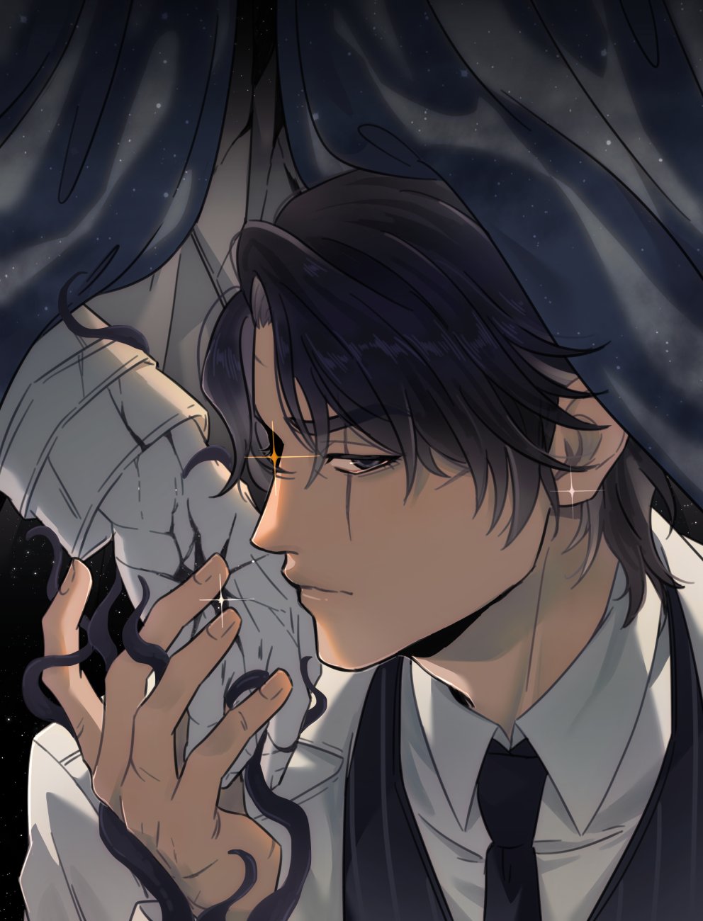 1boy, 1other, black_eyes, black_hair, black_necktie, black_vest, bloodshot_eyes, borrowed_clothes