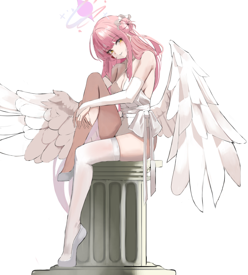 1girl, absurdres, alternate_costume, bare_shoulders, blue_archive, blush, bridal_gauntlets, feathered_wings