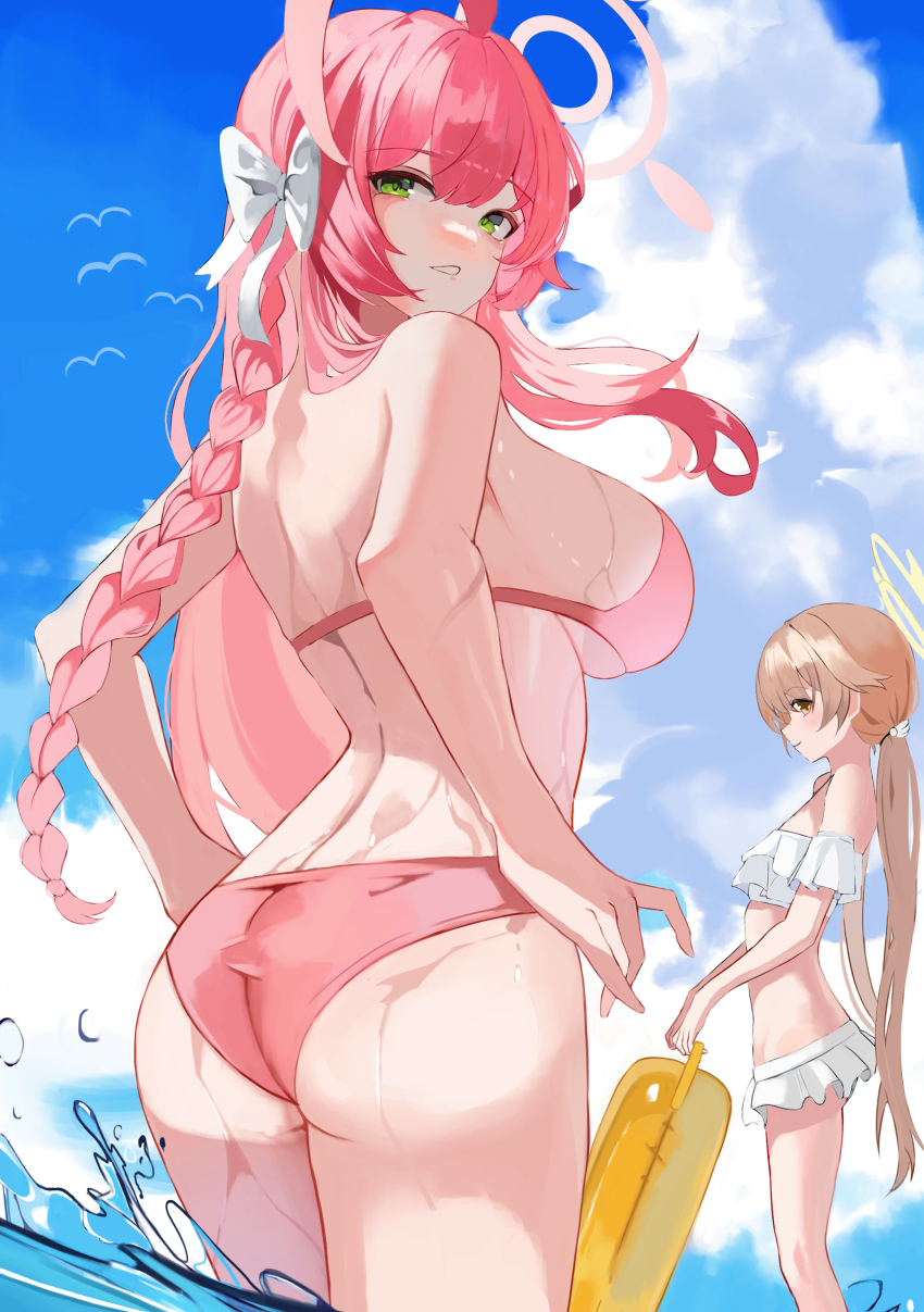 2girls, absurdres, ahoge, ass, bikini, blonde_hair, blue_archive, braid