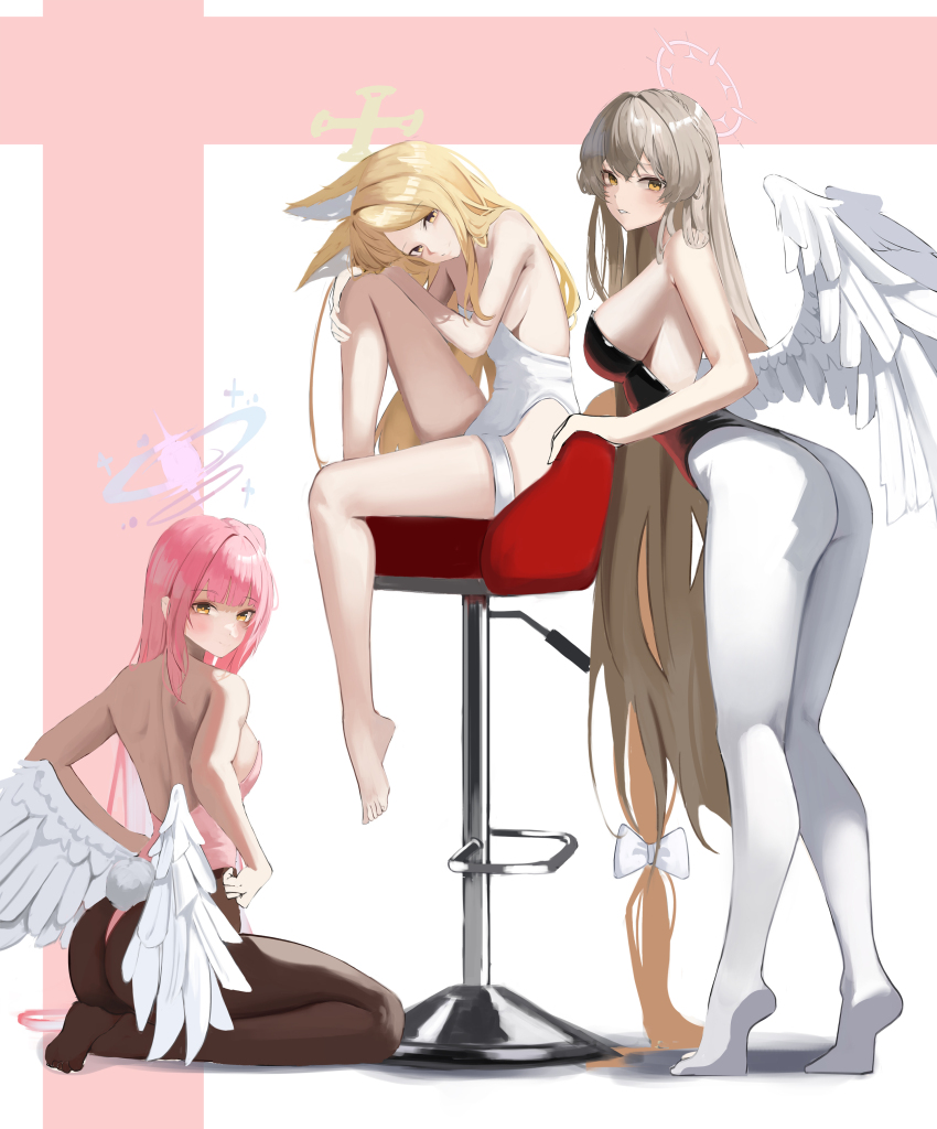 3girls, absurdres, alternate_costume, animal_ear_fluff, animal_ears, bare_arms, bare_legs, bare_shoulders, barefoot, black_leotard, blonde_hair, blue_archive, blush, closed_mouth, fake_tail, feathered_wings, fox_ears, fox_girl, fox_tail, gong_e, hair_between_eyes, halo, highres, leotard, long_hair, mika_(blue_archive), multiple_girls, nagisa_(blue_archive), no_shoes, nontraditional_playboy_bunny, pantyhose, parted_lips, pink_hair, pink_leotard, purple_halo, rabbit_tail, seia_(blue_archive), seiza, sidelocks, sitting, smile, strapless, strapless_leotard, tail, tea_party_(blue_archive), thigh_strap, white_leotard, white_pantyhose, white_wings, wings, yellow_eyes, yellow_halo