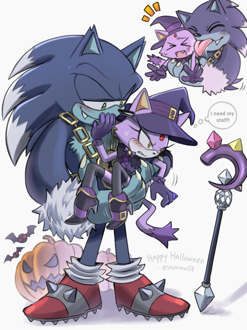1boy, 1girl, animal_ears, artist_name, black_gloves, blaze_the_cat, blaze_the_cat_(witch), blue_fur