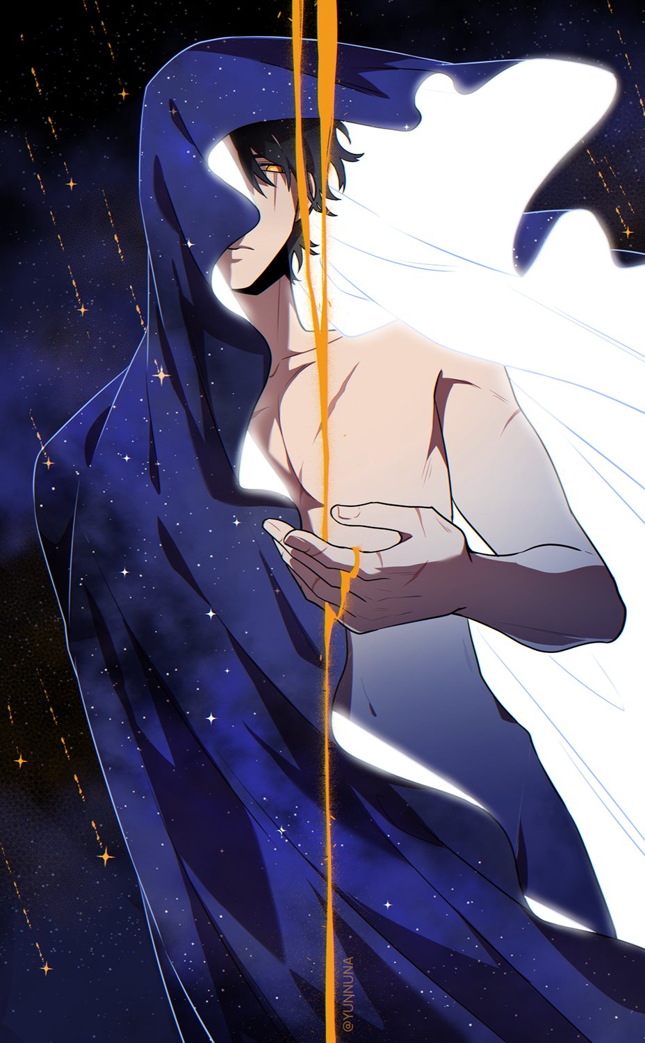 1boy, black_hair, cloak, cowboy_shot, falling_sand, ginsan, highres, hood